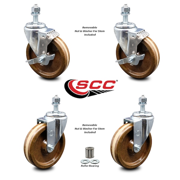 Service Caster 5 Inch High Temp Phenolic Wheel Swivel 1/2 Inch Threaded Stem Caster Brakes, 2PK SCC-TS20S514-PHRHT-121315-2-TLB-2 - main